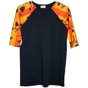 LuLaRoe Kids Unisex Orange/Black Jack-O-Lanterns Raglan T-Shirt 3/4 Sleeves - 14